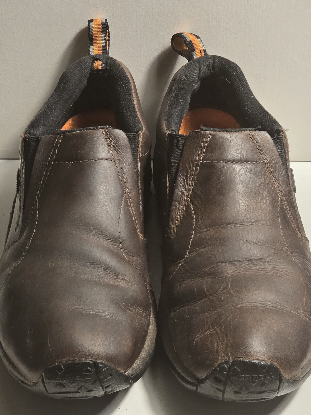 Merrell Brown Leather Slip-On Loafers with Orange Accents